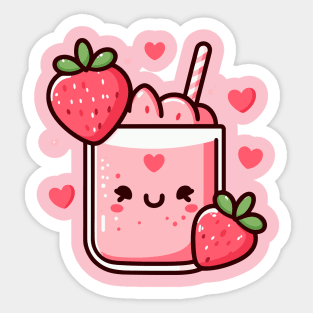 Kawaii Strawberry Milkshake with Strawberries and Hearts | Kawaii Food Art Sticker